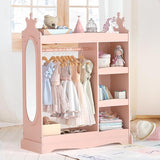 Kids Dress up Storage with Mirror, Kids Wardrobe with 3 Hooks, Kids Closet for Girls Boys