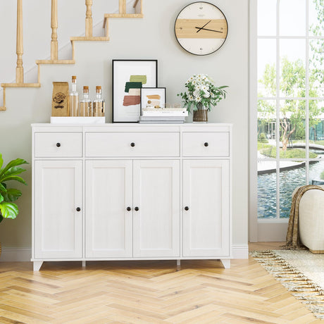 Buffet Cabinet White Sideboard Storage Cabinet with 3 Drawers & 4 Doors Adjustable Shelves