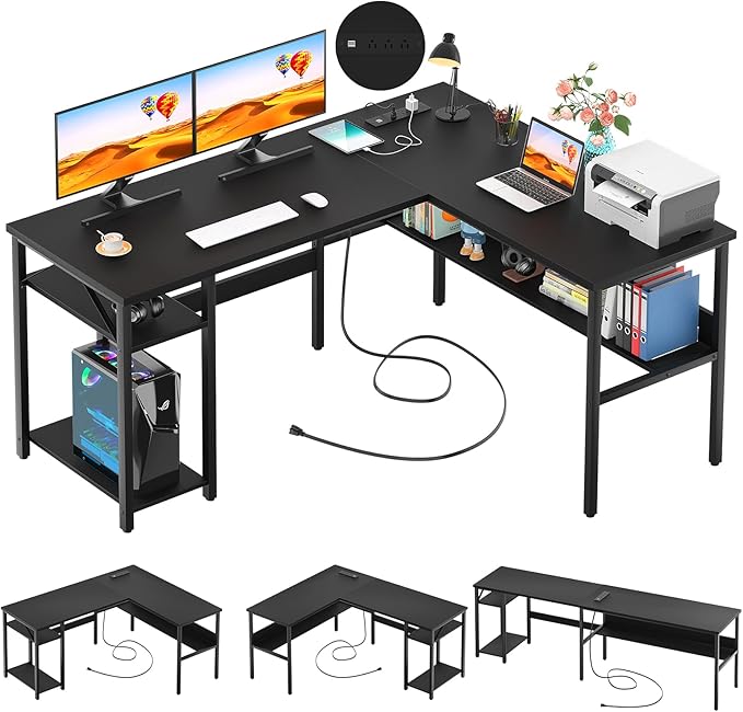 Reversible L Shaped Desk with Magic Power Outlets and USB Charging Ports