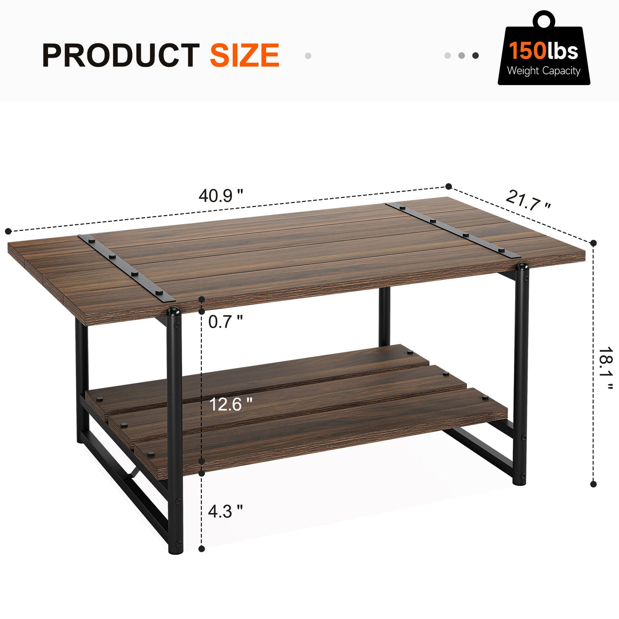 2-Tier Modern Industrial 41'' Large Wood Coffee Table with Storage Shelf