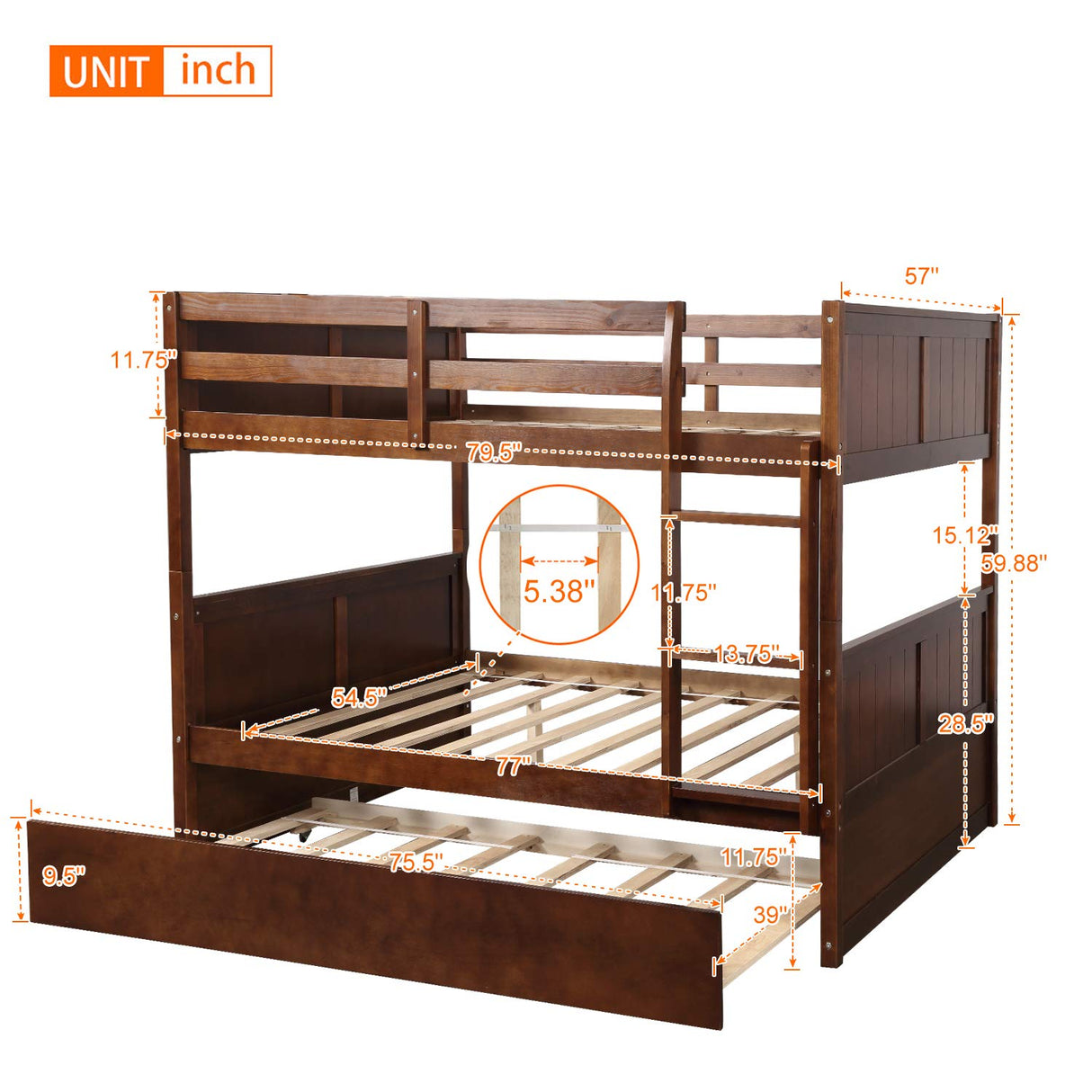 Bed with Twin Size Trundle, Pine Wood Bunk Bed Frame with Guardrails and Ladder for Bedroom and Teens (Oak)