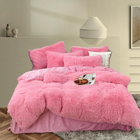 Fluffy Comforter Duvet Cover Set, 5 Pcs Bedding Sets Faux Fur Plush Velvet Shaggy Ultra