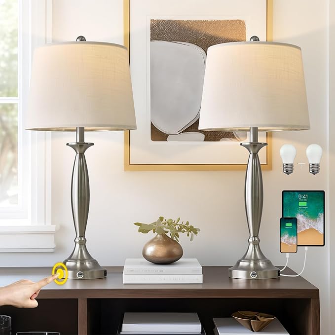 3 Way Dimmable Touch Control USB Table Lamp Set of 2 28“Modern Industrial Metal Bedside