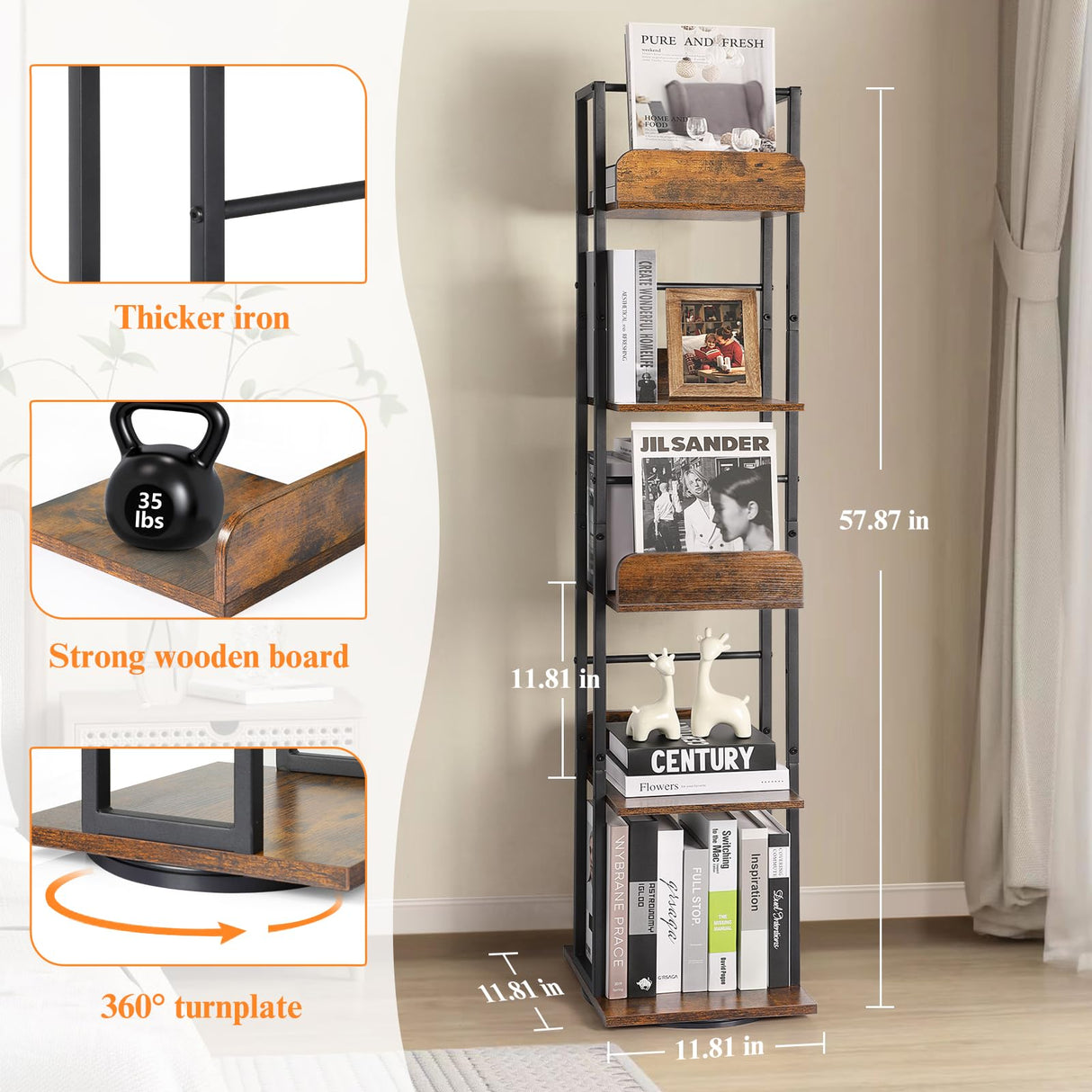 Bookshelves 5-Tier, Rotating Bookshelf Tower for Corner,