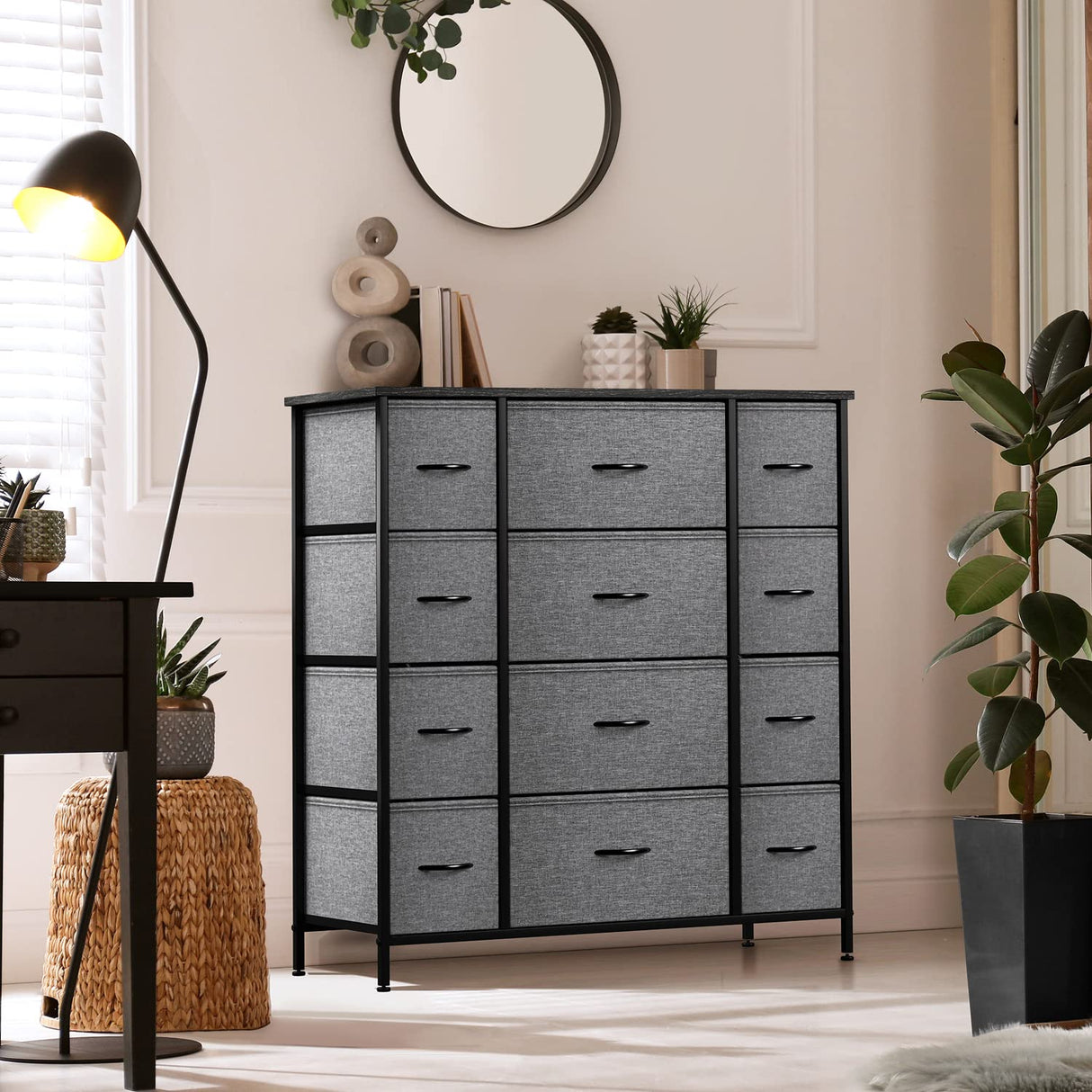 Dresser with 12 Drawers - Chest Organizer Unit with Steel Frame Wood Top & Handle