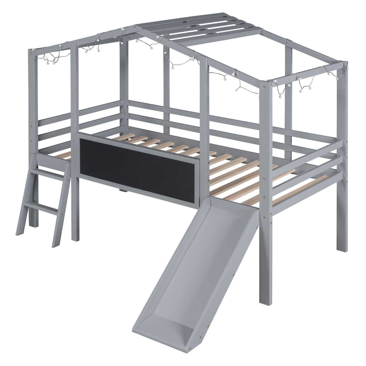 Kids House Loft Bed with Slide, Twin Size Low Loft Bed with LED Lights & Blackboard