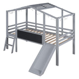 Kids House Loft Bed with Slide, Twin Size Low Loft Bed with LED Lights & Blackboard