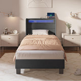 Bed Frame Twin Size with LED Lights and Charging Station, Upholstered Bed with Motion