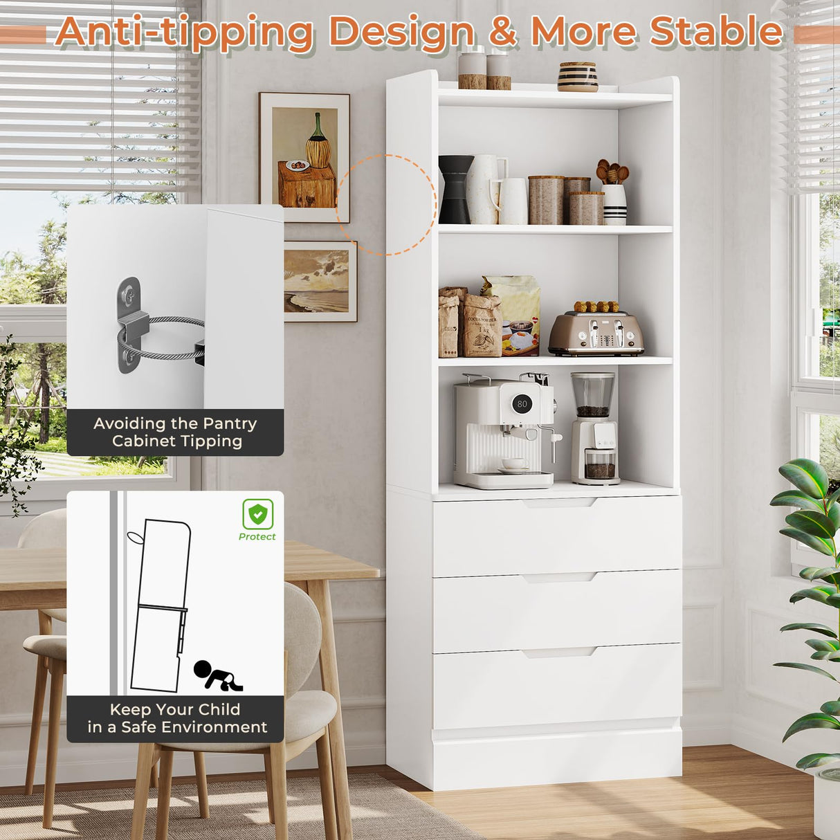 73.23'' Tall Storage Cabinet Bookcase with 3 Drawers and 3-Tier Open Shelves Wooden Bookshelf Kitchen Pantry