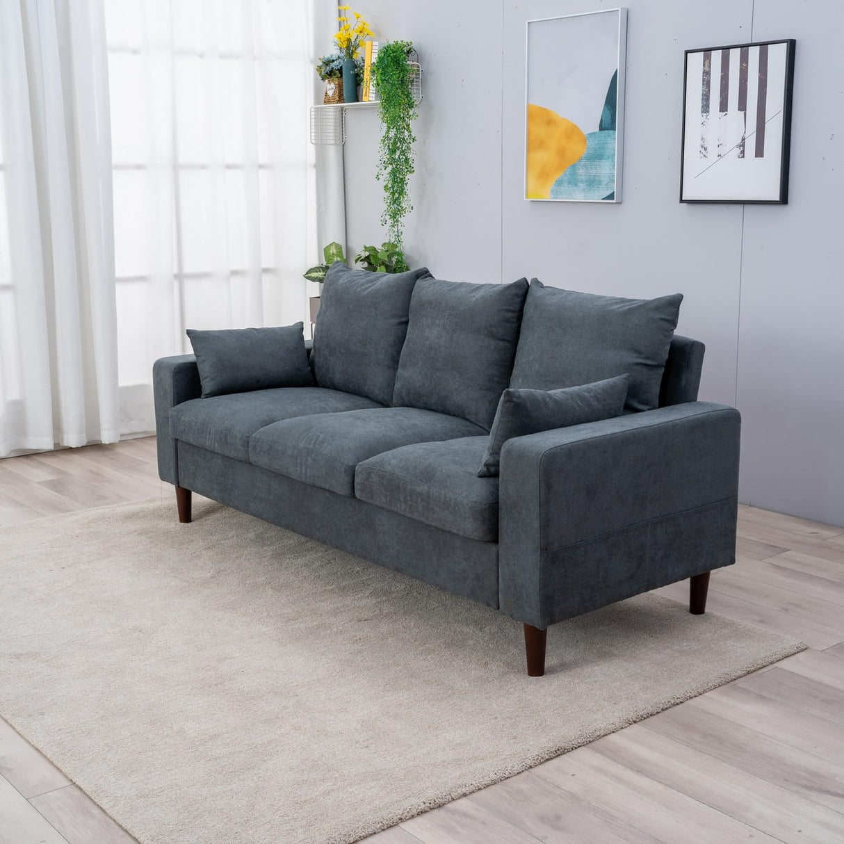 3 Seat Designer Sofa Couch Linen Fabric Wood Legs, Grey