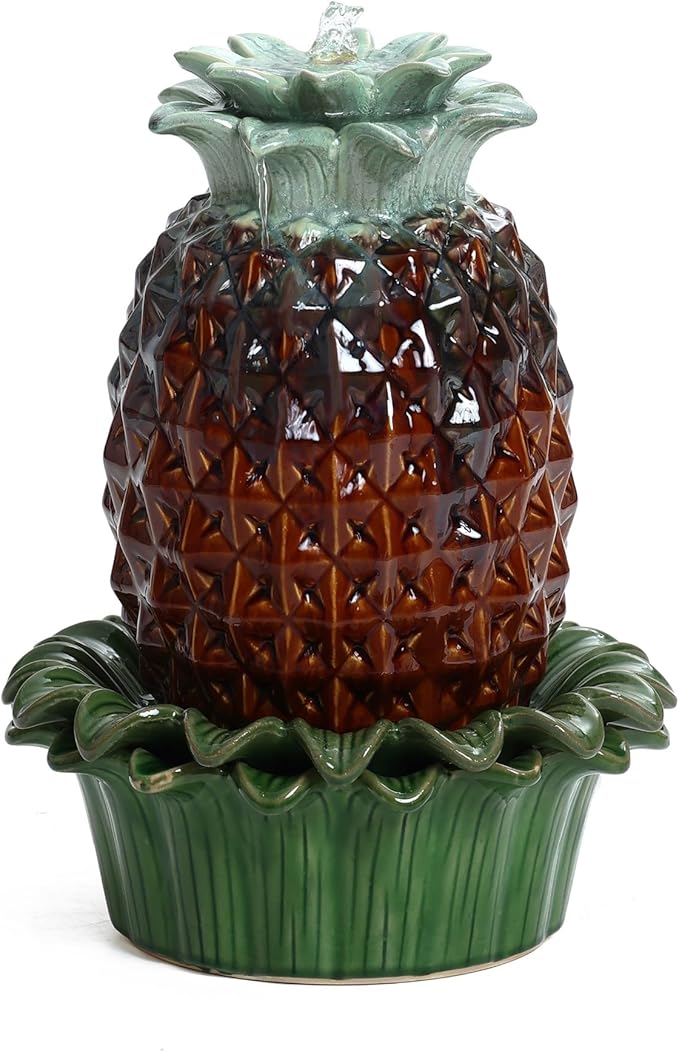 Tabletop Water Fountain, 17 Inch Pineapple Glazed Ceramic Indoor Water Fountains