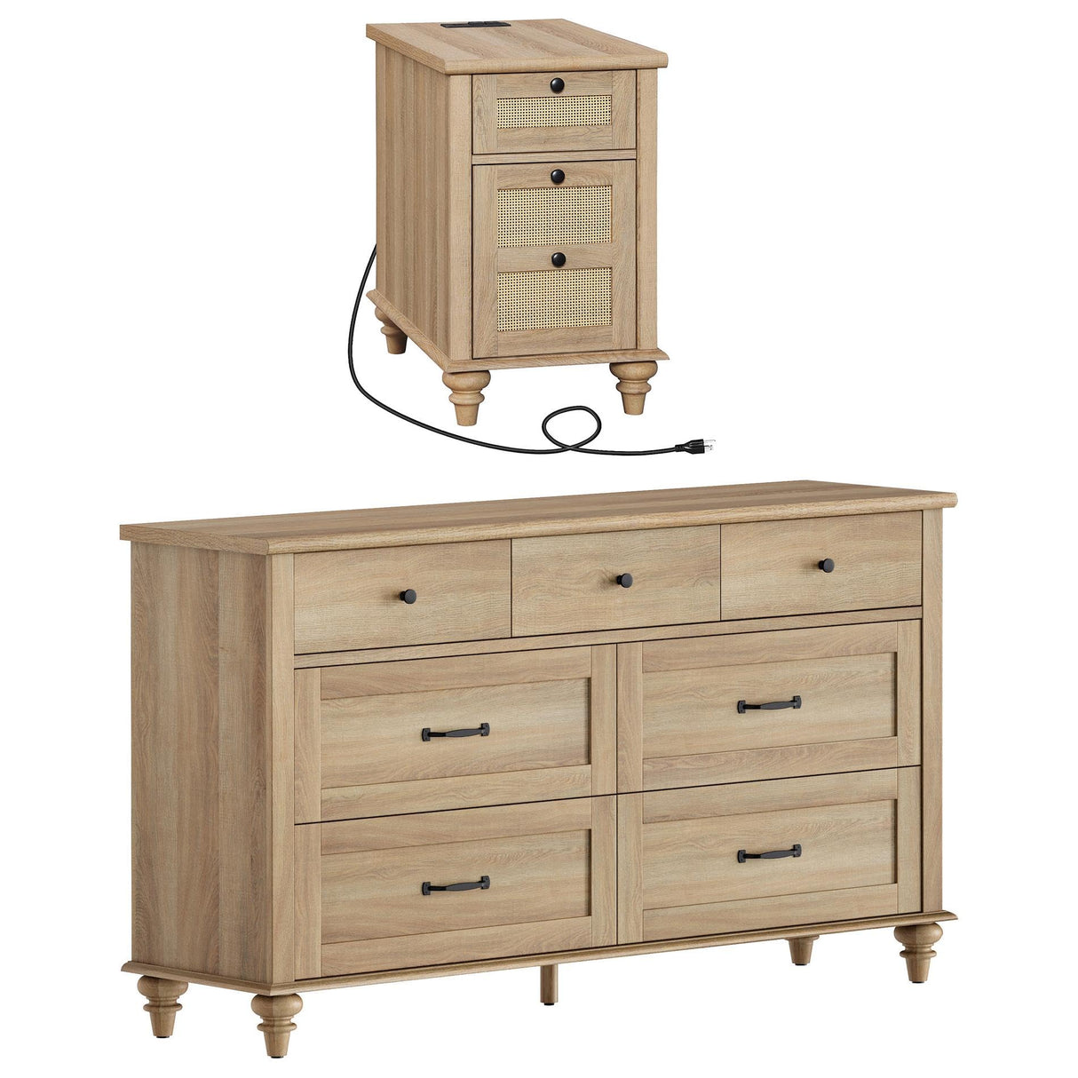 2 Piece Bedroom Set - Includes Bedroom 7 Drawer Dresser, Rattan Side Table