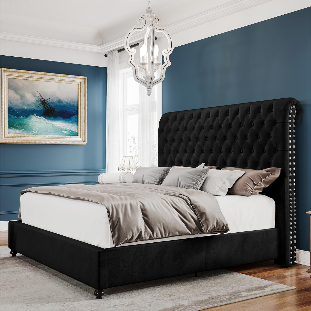 King Bed Frame Upholstered Platform Bed Frame with 52.8'' Tall Sleigh Headboard