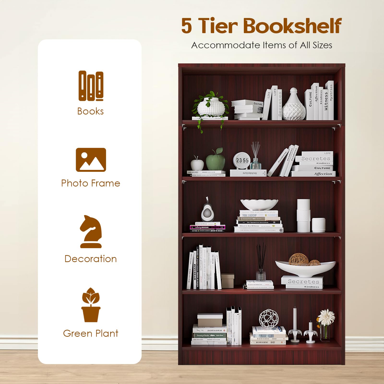 Soohow 5 Shelf Bookcase,60 Inch Wood Tall Bookshelves for Living Room,Mahogany