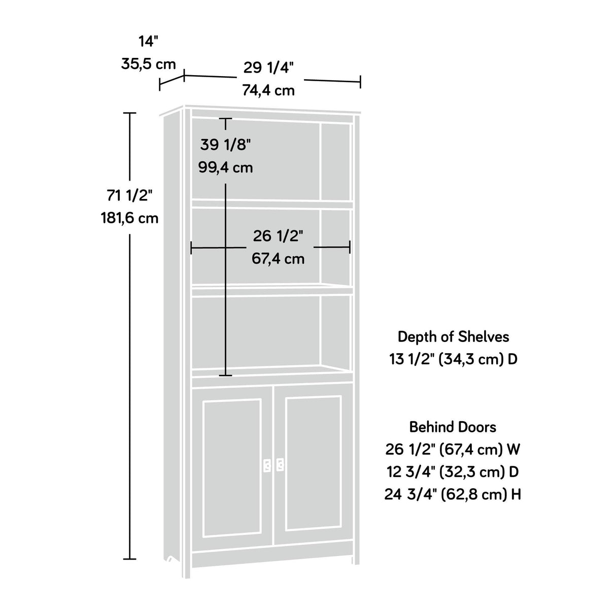 Cottage Road Library with Doors/book shelf, L: 29.29" x W: 13.98" x H: 71.5