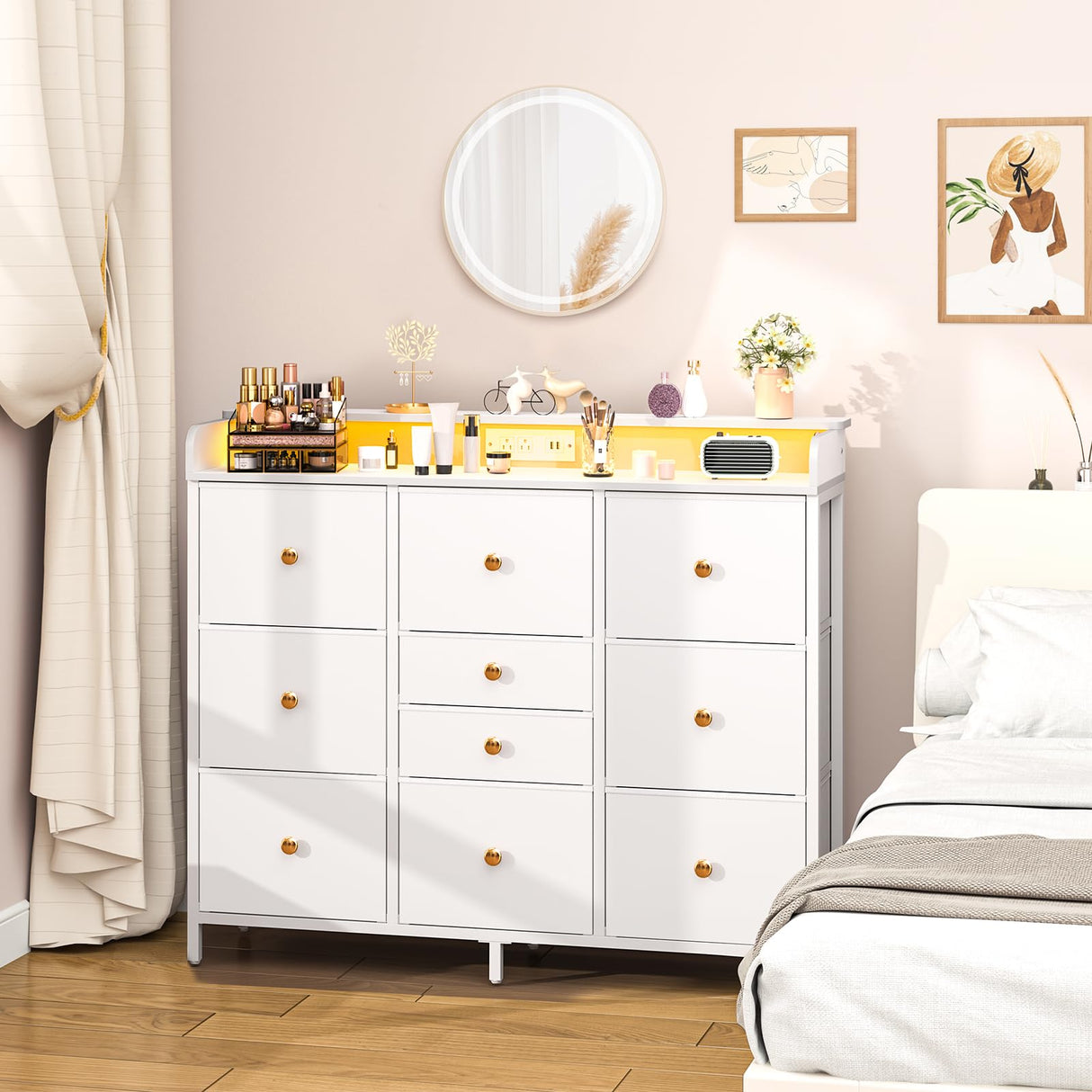 Dresser for Bedroom with Charging Station and LED Lights, Tall Dresser TV Stand With 10 Storage Drawers,Fabric White Dressers & Chests of Drawers,Wood Dresser for Kids Bedroom Closet Organizer