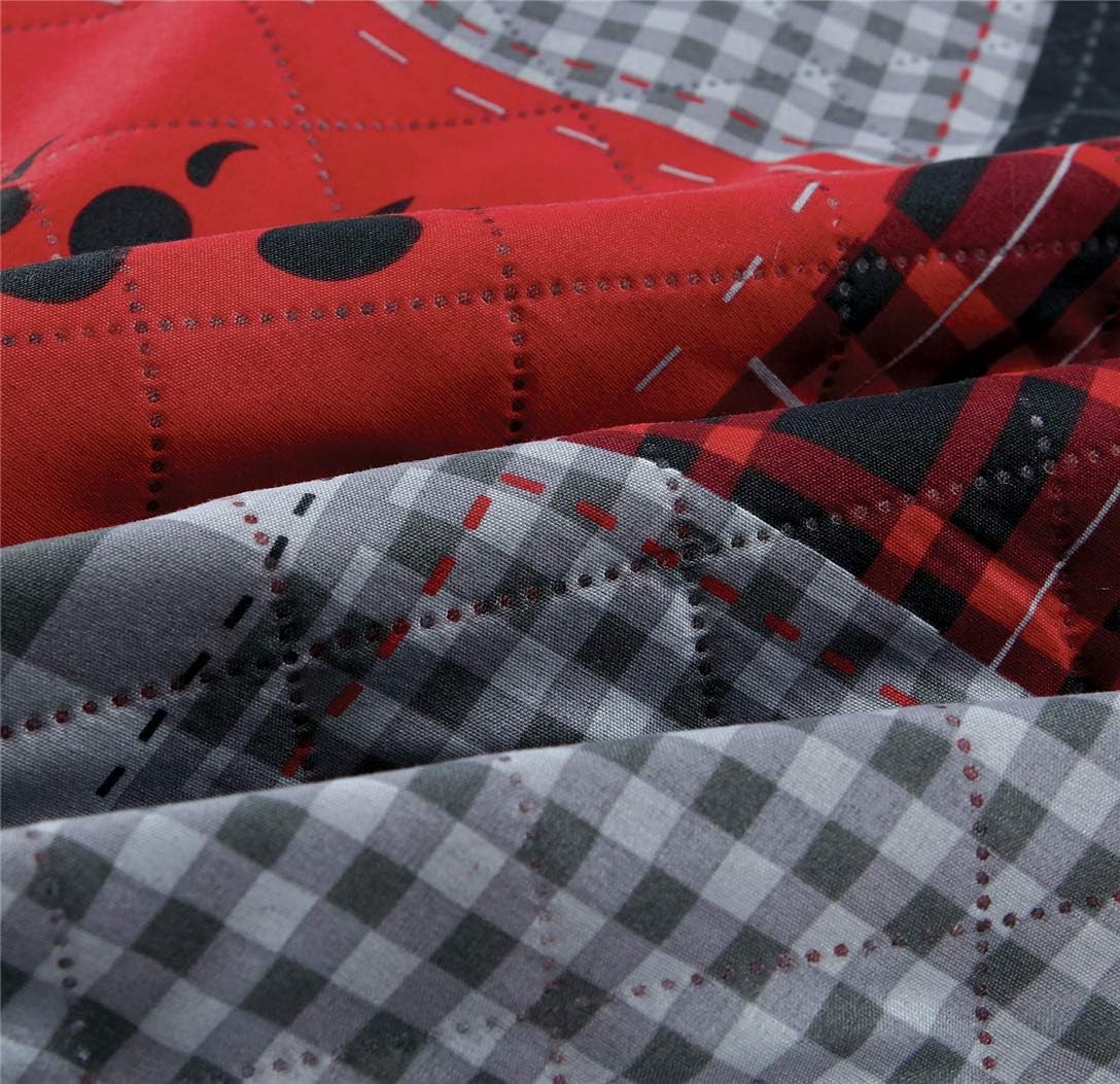 Rustic Bear Quilts Set Full/Queen Size, Red Black Plaid Patchwork Bedding Lightweight