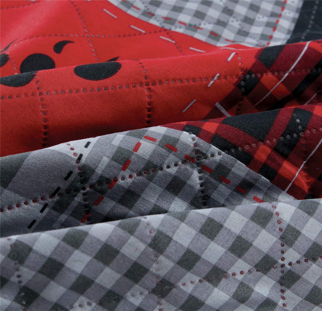 Rustic Bear Quilts Set Full/Queen Size, Red Black Plaid Patchwork Bedding Lightweight