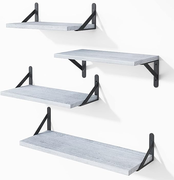 Floating Shelves, Set of 4, Gray Wood Wall Mounted Shelf for Living Room, Bathroom