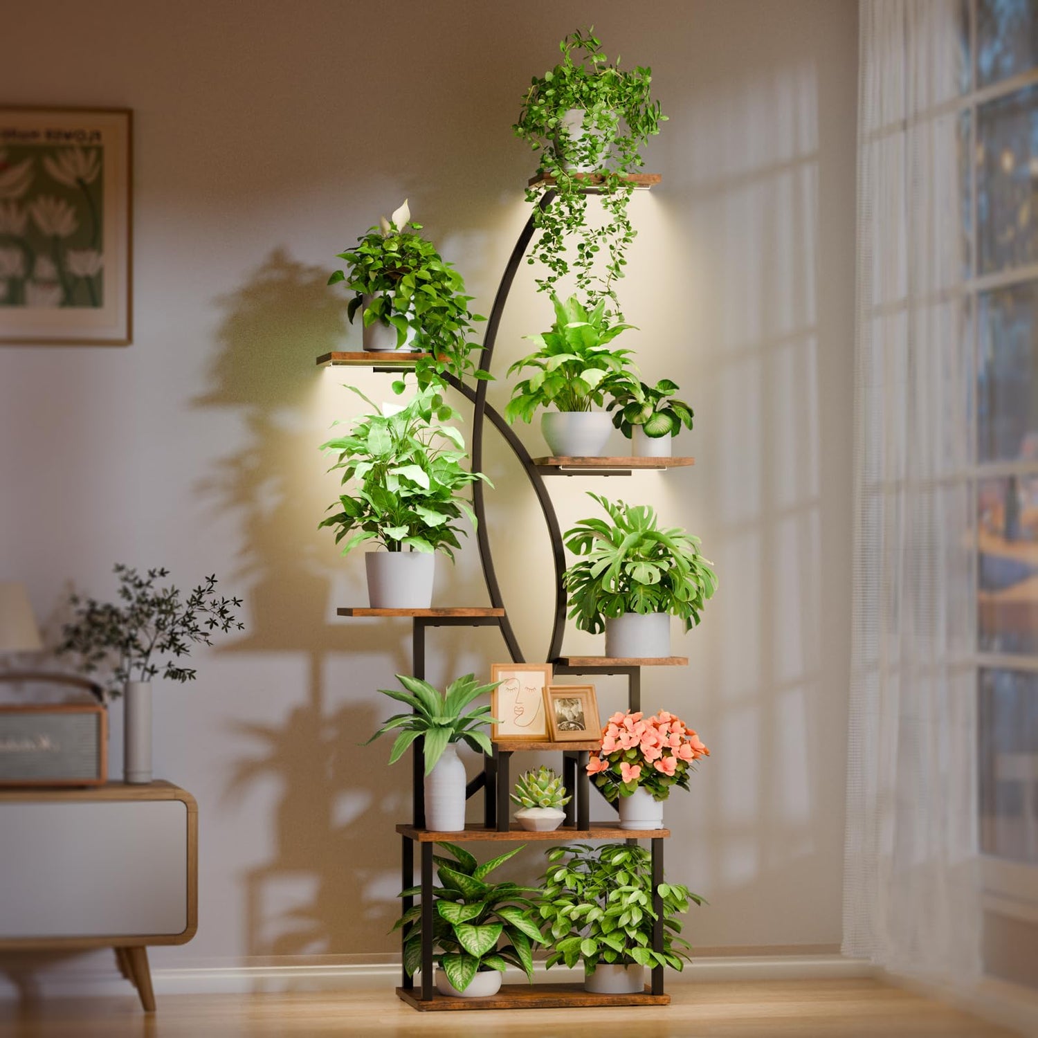8-tier metal plant stand with grow lights for indoor plants
