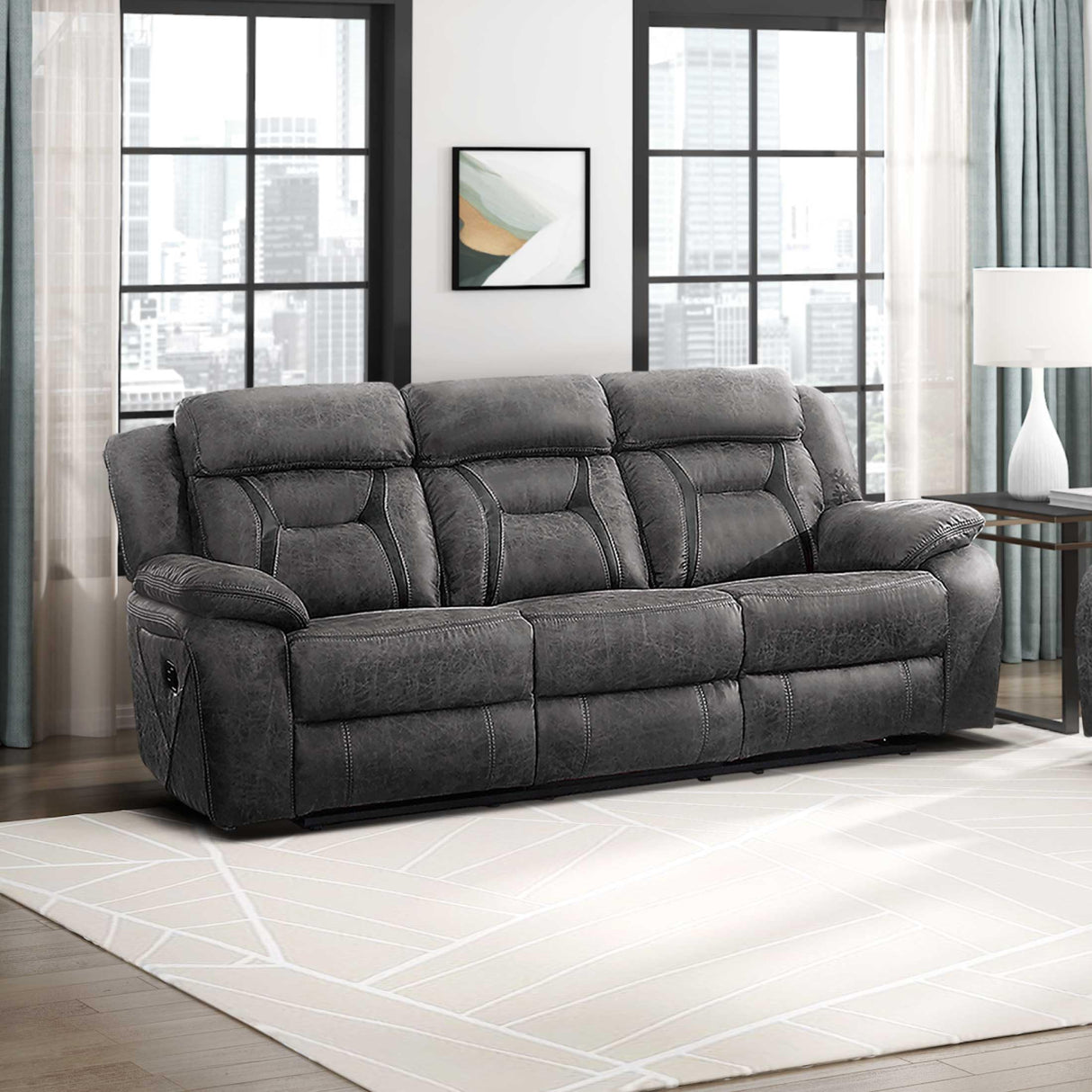 Reclining Couch, Polished Microfiber Manual Double Recliner Sofa, Gray