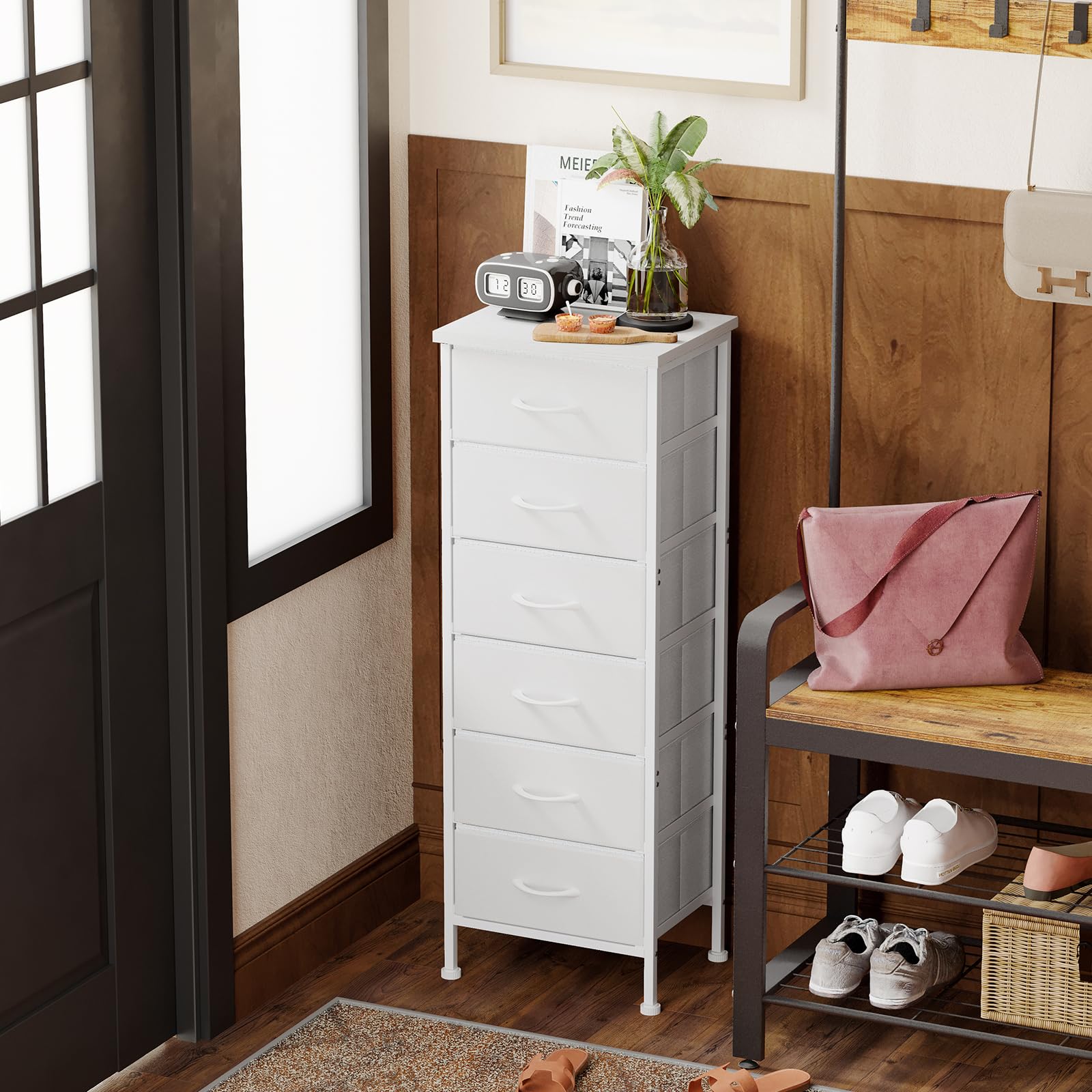 White Tall Dresser for Bedroom, Storage Dresser Organizer with 6 Fabric Drawers