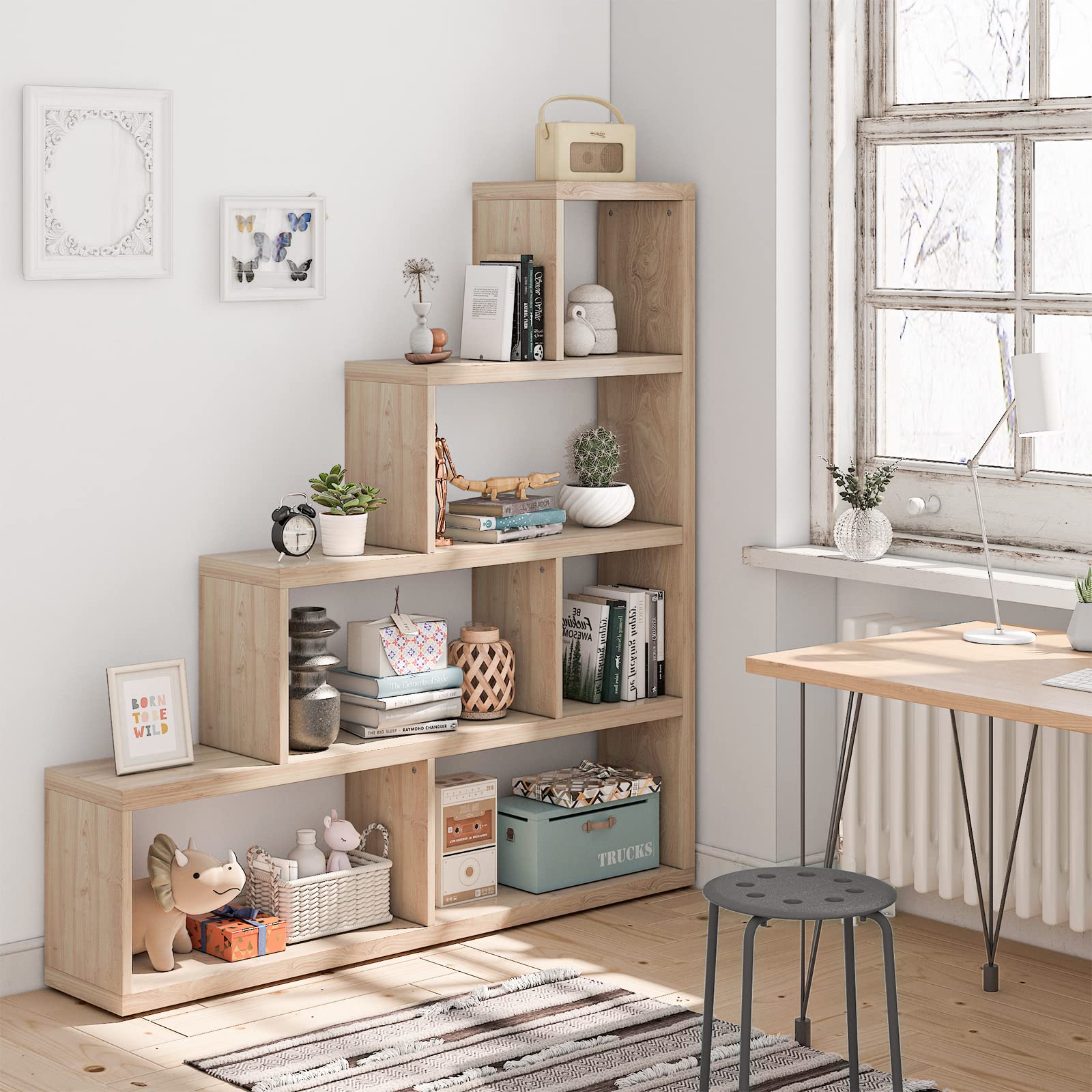 4 Tier Bookshelf, Step Bookcase with 6 Separate Storage Cubes, Wood Bookshelves and Bookcases, Geometric Display Shelf, Modern Book Shelf for Bedroom, Living Room, Home Office (Natural)