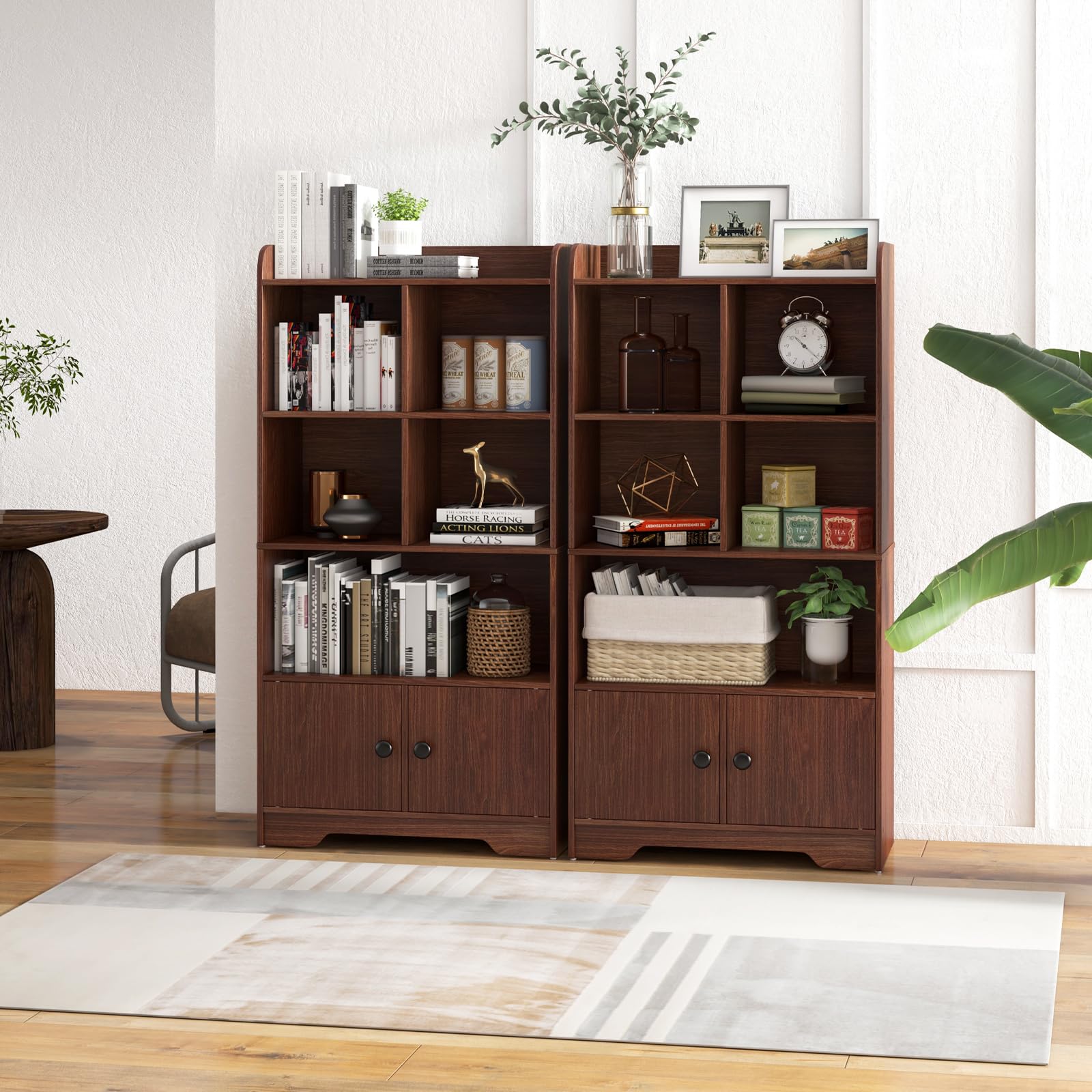 4-Tier Bookcase with Doors, 47.5" Tall Freestanding Wooden Bookshelf with 3 Shelves, 4 Cubes Storage Cabinet Organizer for Kids Room Office Living Room Bedroom Study, Brown