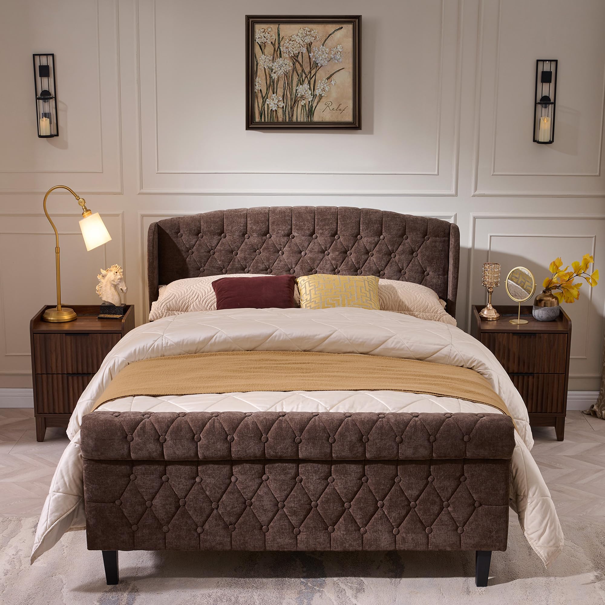 Queen Size Sleigh Bed Frame with Wingback Headboard