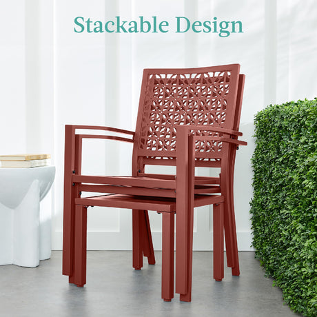 Best Choice Products 3-Piece Outdoor Bistro Set, Stackable Modern Steel Furniture for Porch, Garden w/ 2 Chairs, Table, Geometric Decor - Terra Cotta