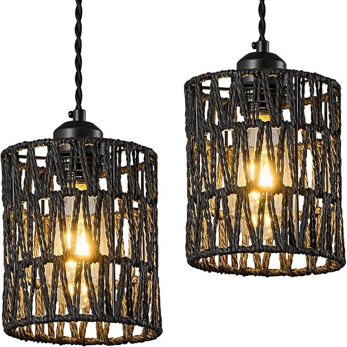 Brown Woven Pendant Lights Boho Hanging Lamp, Rattan Chandelier Farmhouse Pendant