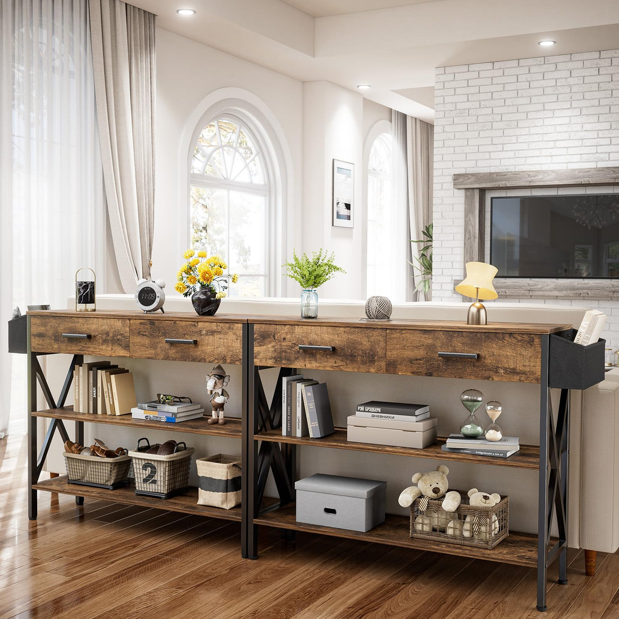 39" Console Table with 2 drawers, Industrial Entryway Table with 3 Tier Storage Shelves,