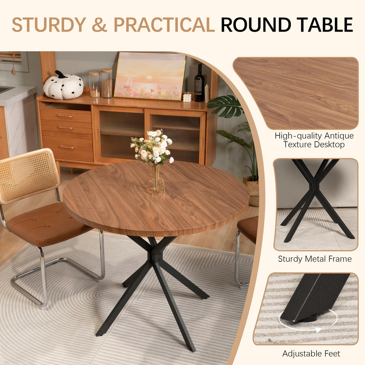 Walnut Round Dining Table for 4-6 Person, 39" Mid-Century Modern Round Dining Room