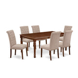 East West Furniture Dover 7 Piece Kitchen Set Consist of a Rectangle Table with Butterfly Leaf and 6 Light Tan Linen Fabric Parson Dining Chairs, 42x78 Inch, Mahogany