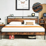 Size Bed Frame, Platform Bed Frame with 2-Tier Storage Headboard and Power Outlets,