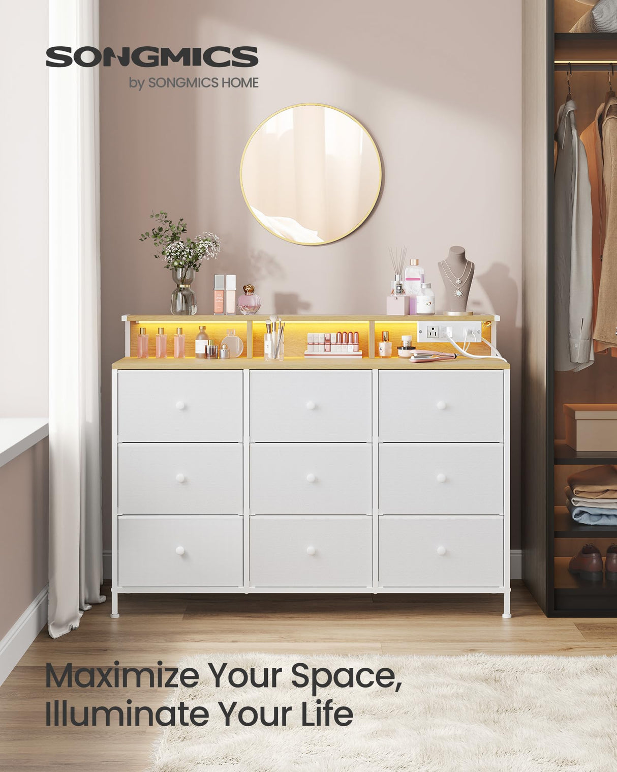 SONGMICS Dresser for Bedroom, Storage Organizer with 9 Fabric Drawers and LED Lights, Charging Station, Steel Frame, 13.2 x 44.9 x 33 Inches, Entryway, Cloud White ULTS519W01