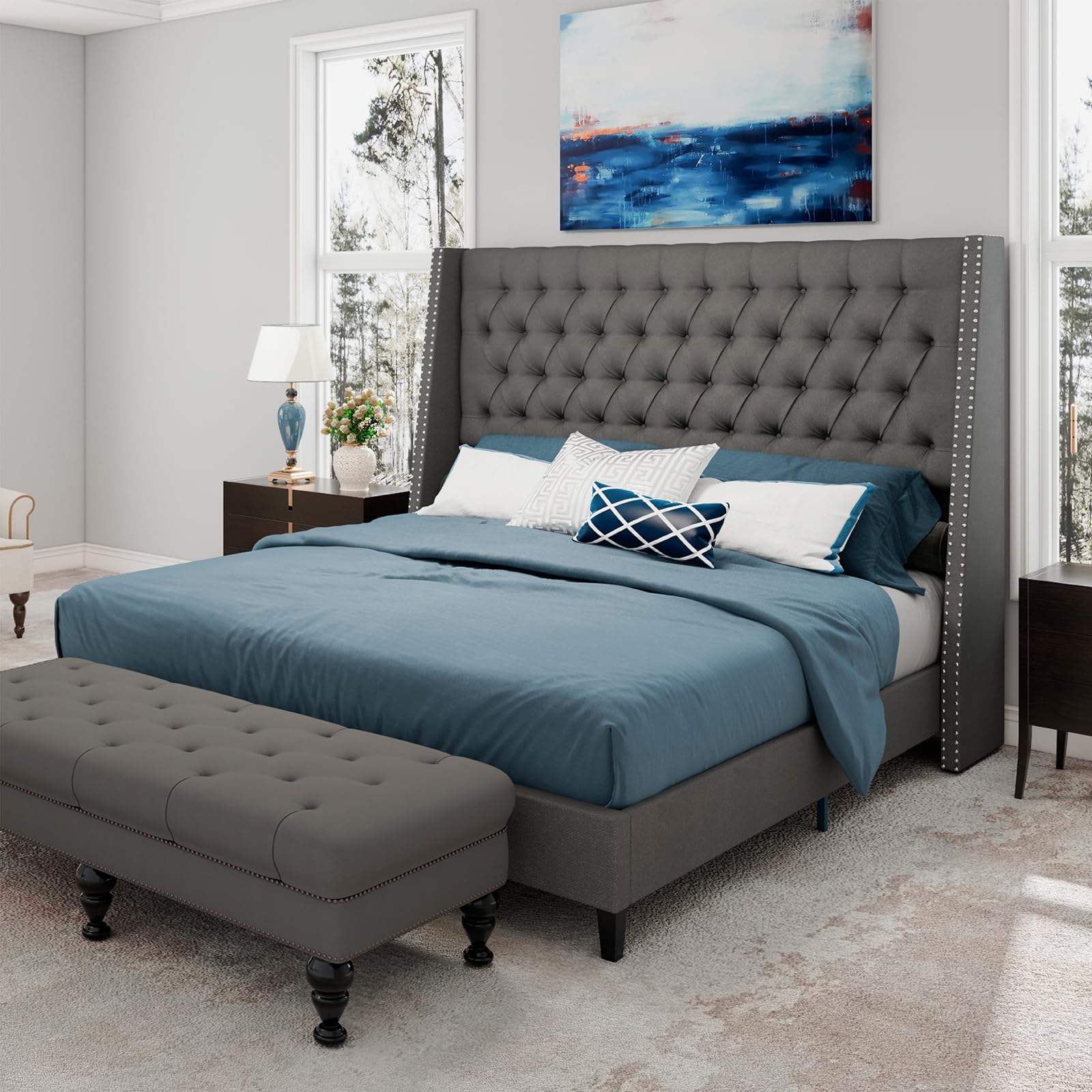 Queen Size Bed Frame, Linen Upholstered Platform Bed with Nailhead Wingback Headboard