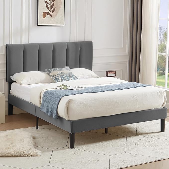 Queen Bed Frame with Upholstered Headboard, Heavy-duty Platform Bedframe