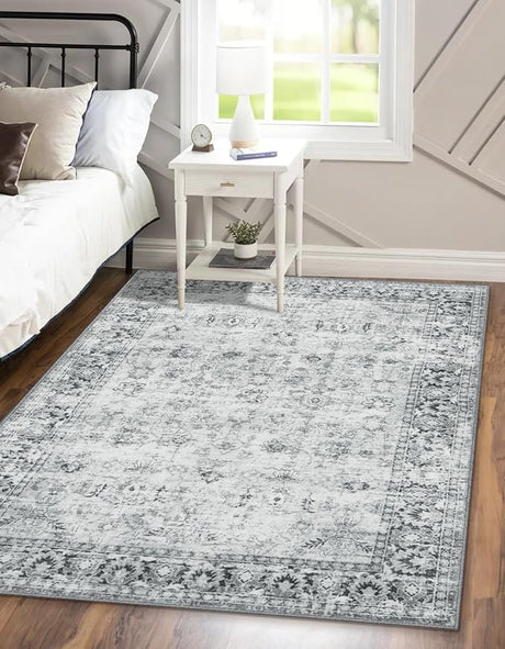 Traditional Rug 9x12 - Large Gray Vintage Rug for Living Room, Washable Soft Floral