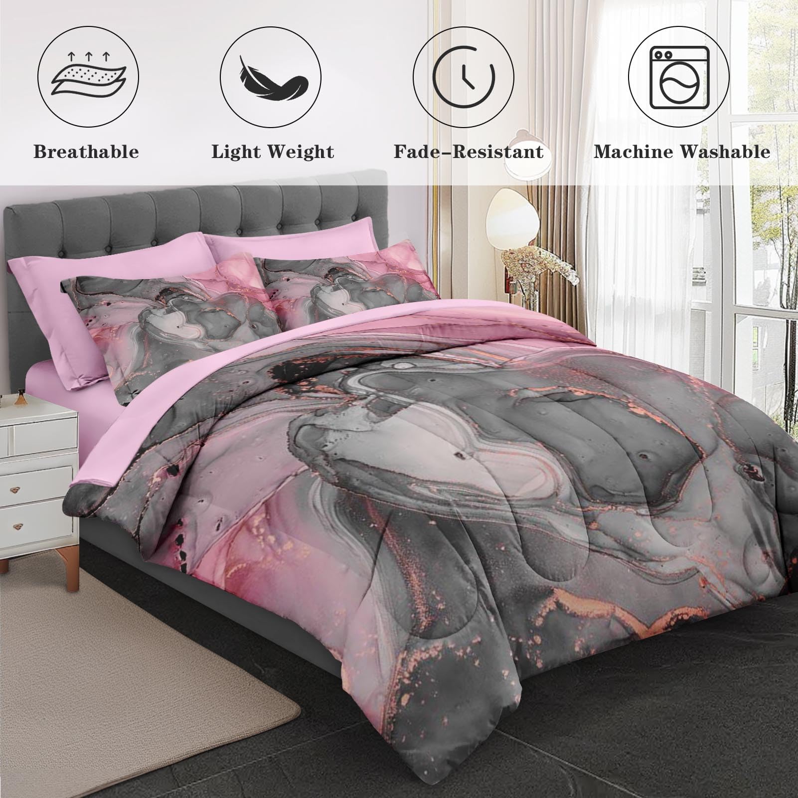 Gray Pink Marble Comforter Set Queen - 7 Piece Luxury Bedding