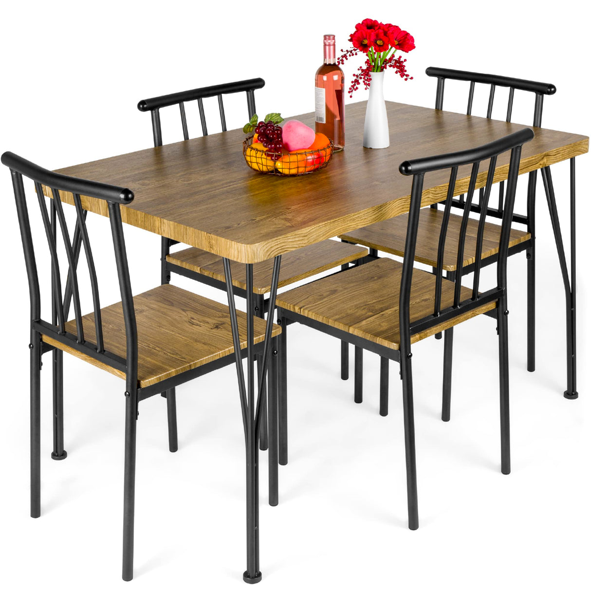 5-Piece Metal and Wood Indoor Modern Rectangular Dining Table Furniture Set for Kitchen