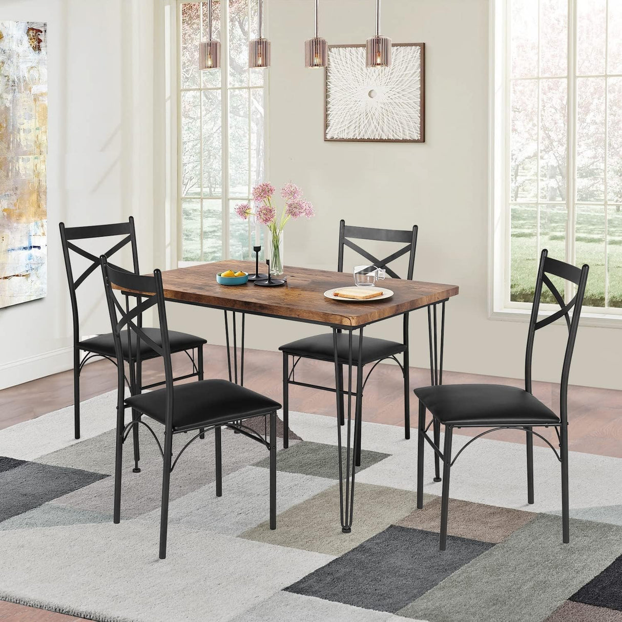 5-Piece Set for Home Kitchen Breakfast Nook, with 4 Chairs, Black, Dining Table