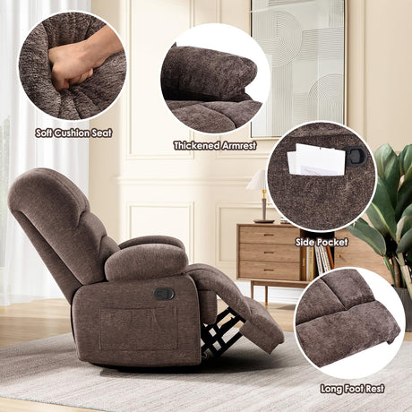 Oversized Swivel Rocker Recliner Chair for Living Room Bedroom for Adults, Brown