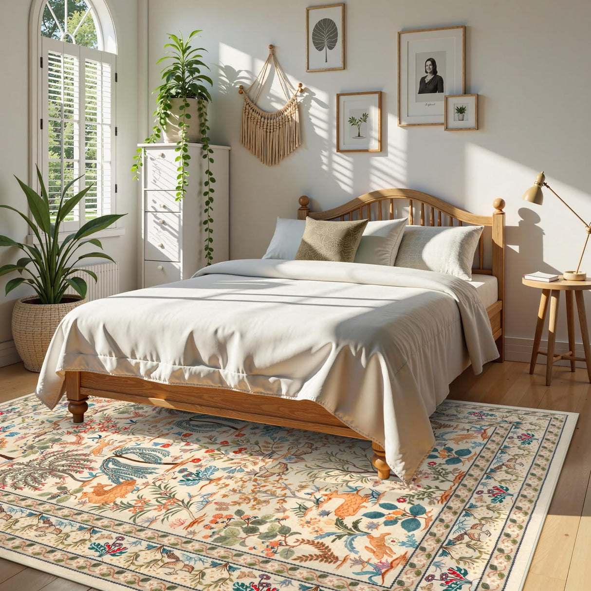 8x10 Washable Area Rug - Beige Botanical Print