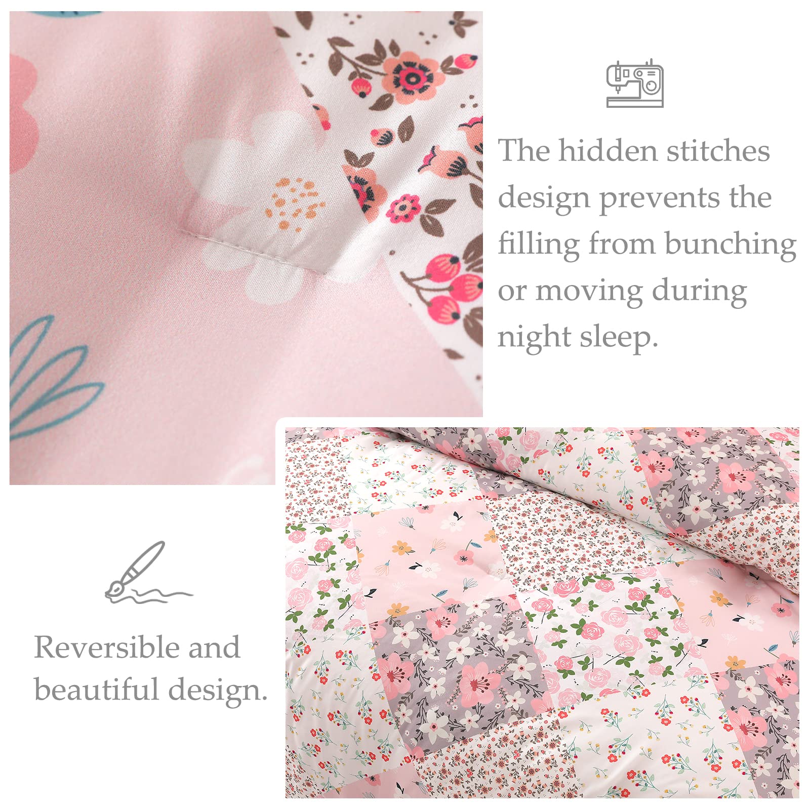 Queen Full Comforter Set, Soft Reversible Pink Bedding Comforter Set