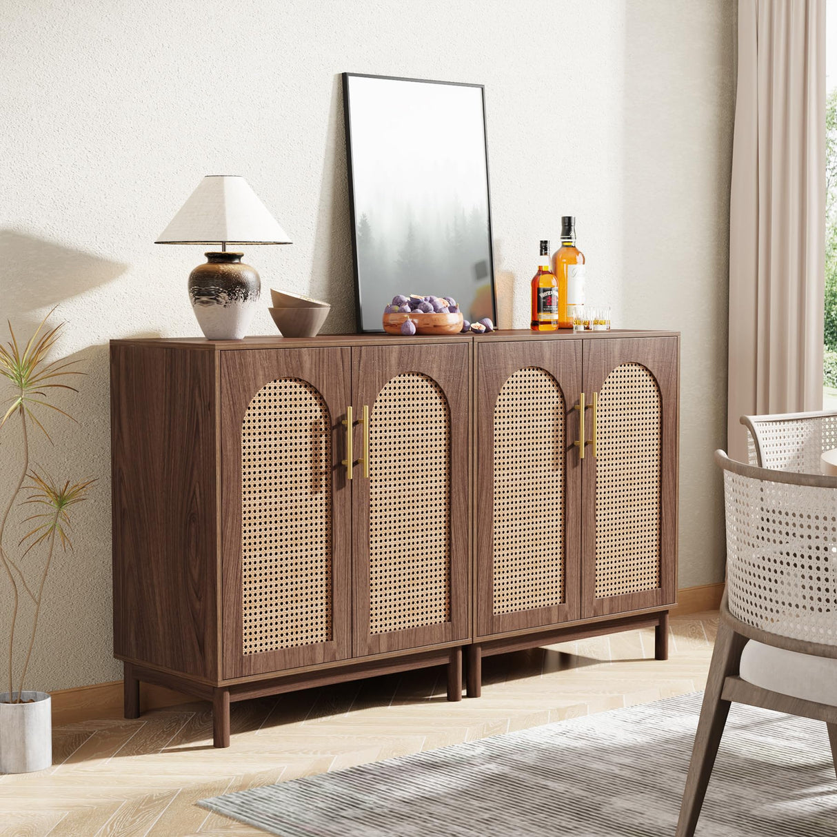 Set of 2 Rattan Sideboard Buffet Cabinet with Storage, 59 Inch Accent Cabinet with Doors