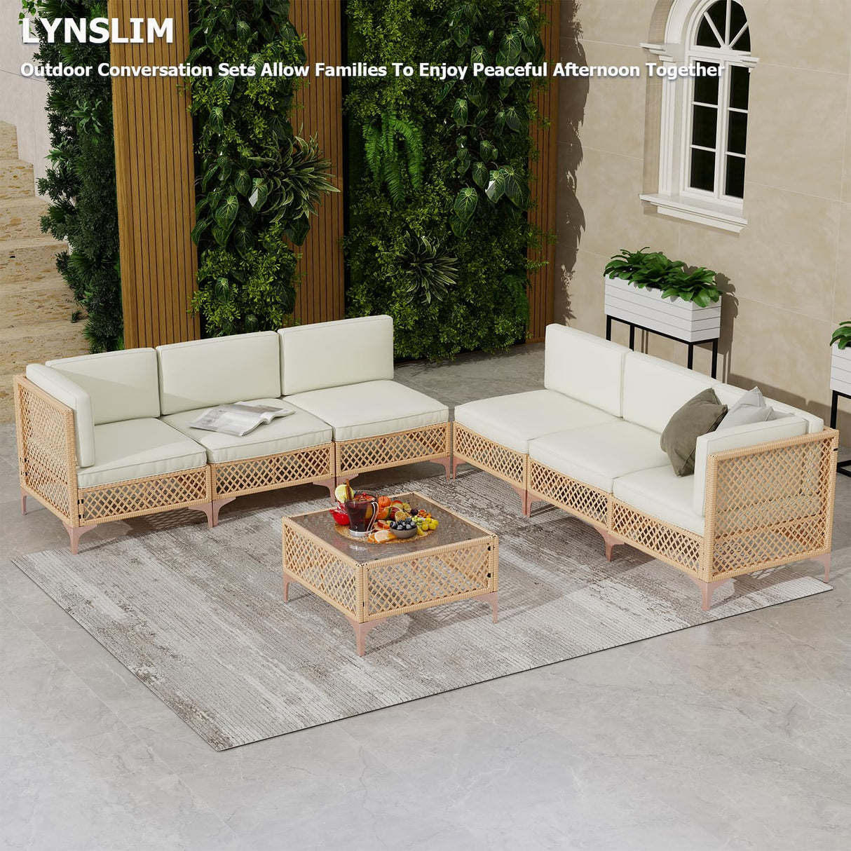 Noble House Grenada Outdoor Acacia Wood 7 Seater Sectional Sofa Set Teak/Blue
