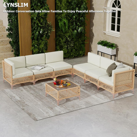 Noble House Grenada Outdoor Acacia Wood 7 Seater Sectional Sofa Set Teak/Blue
