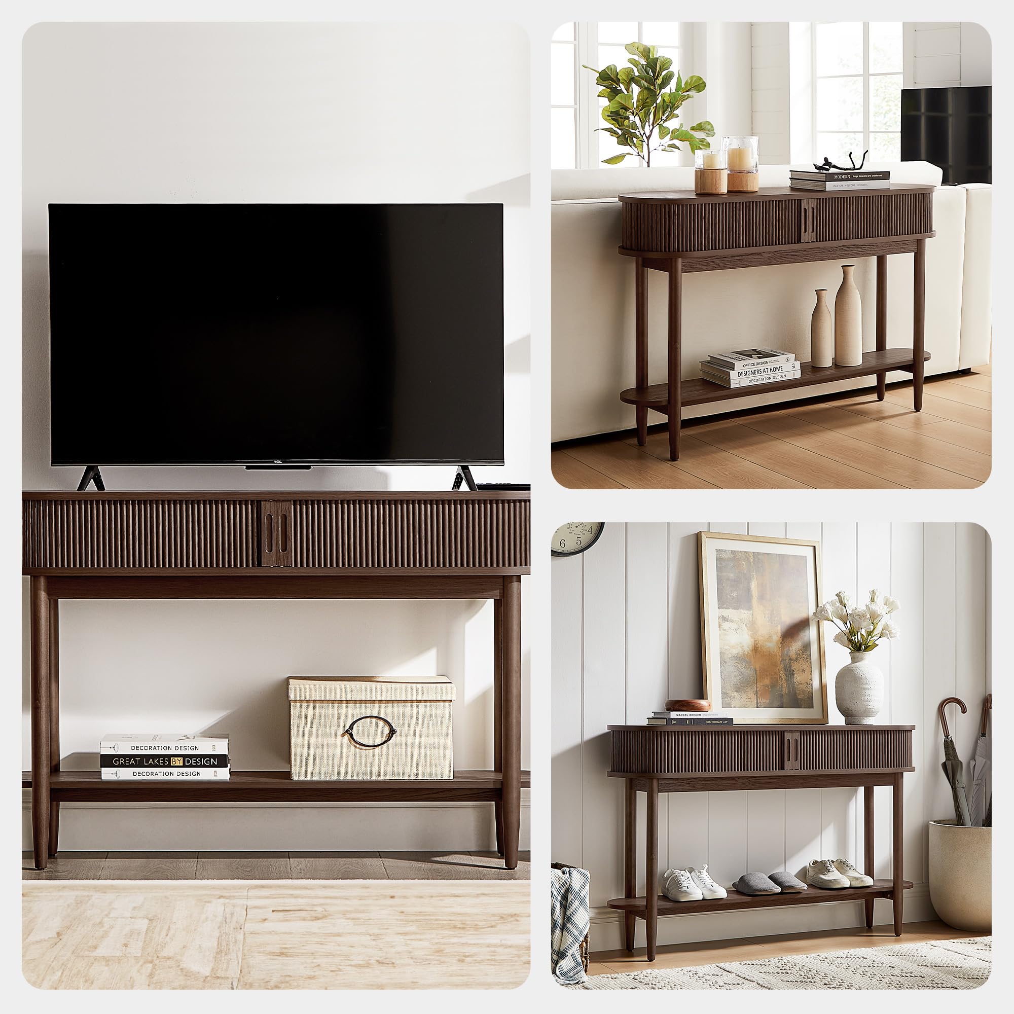 Fluted Console Table, Mid-Century Modern Entryway Cabinet with Sliding Tambour Doors