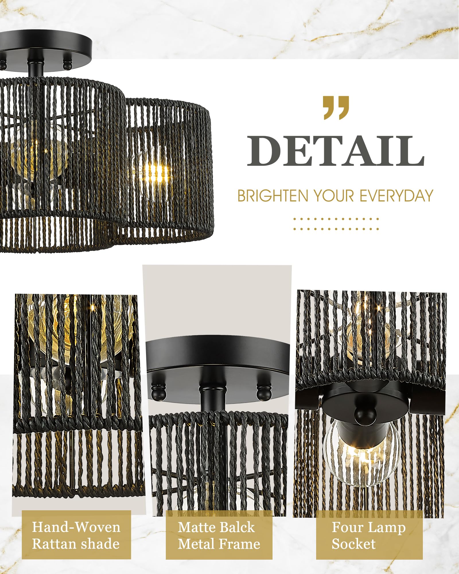Rattan Light Fixtures Ceiling Mount, 4-Light 14" Boho Semi Flush